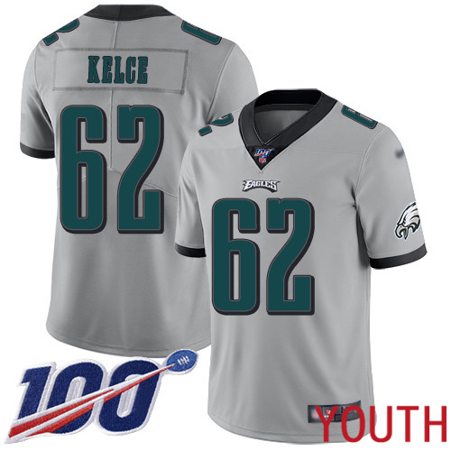 Youth Philadelphia Eagles #62 Jason Kelce Limited Silver Inverted Legend NFL Jersey 100th Season Football